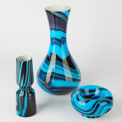 A Trio of Carlo Moretti Murano Vases in Blue and Black Swirl Pattern