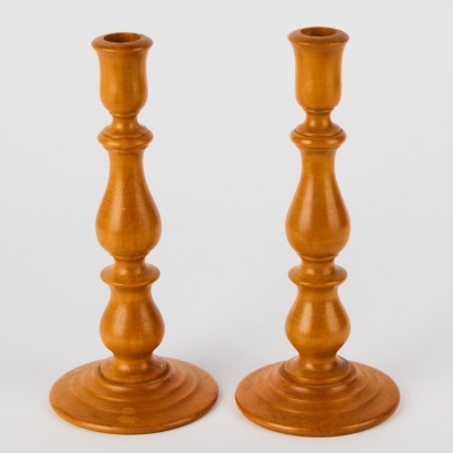 A Pair Of Solid Wood Turned Ancient Kauri Candle Holders