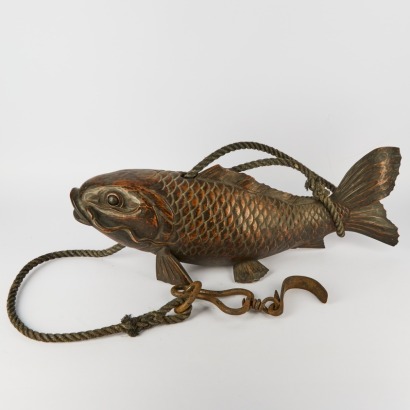 A Large Japanese Wooden Jizai Kagi Hearth Fish
