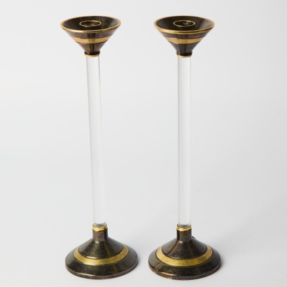 A Pair of Lucite And Brass Candle Holders