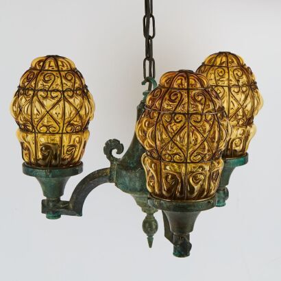 A Brutalist Verdigris and Handblown Glass James Mont Style Chandelier