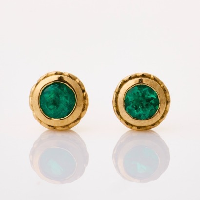18ct Yellow Gold, .54ct Round, High Quality, Colombian Emerald Stud Earrings