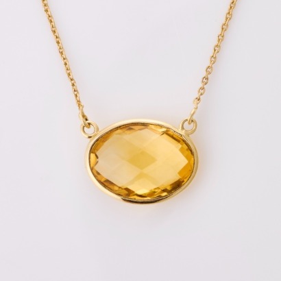 10ct Yellow Gold, Oval Checkerboard Cut Citrine Pendant on 45cm Cable Link Chain