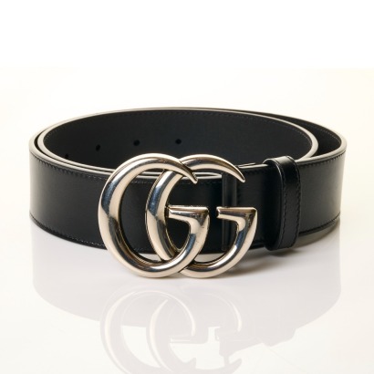Gucci, Black Leather GG Belt with Box, Size 80