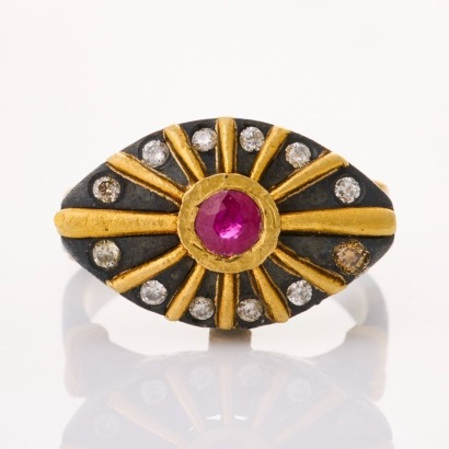 Aged Silver / 22ct Gold, Contemporary, 4mm Ruby / .12ct Diamond / 1.2mm Emerald Ring