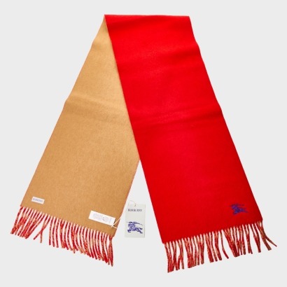 Burberry, Reversible Red / Beige 100% Cashmere Scarf with Box - As new