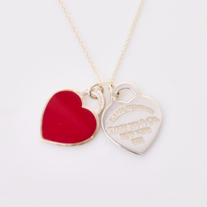 Tiffany & Co, Sterling Silver, Double Heart Tag Necklace with Box