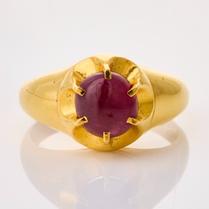 18ct Yellow Gold, Modern, Semi-round Cabochon Cut Ruby Ring