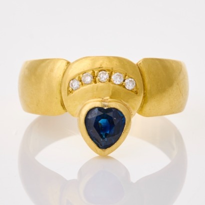 18ct Yellow Gold, Modern, Heart Shaped Sapphire / .05ct Diamond Ring