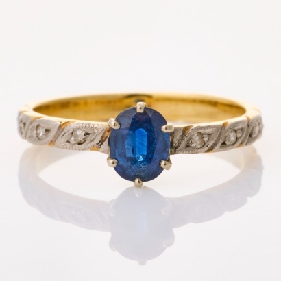 9ct Yellow / White Gold, Oval Sapphire / .08ct Diamond Ring