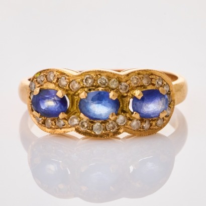 18ct Yellow Gold, Vintage Three Stone Sapphire / .30ct Diamond Ring