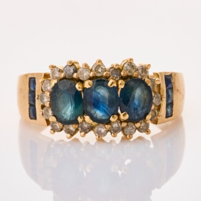 18ct Yellow Gold, Vintage, Three Stone Oval Sapphire / .30ct Diamond Ring