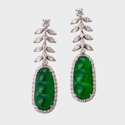18ct White Gold, Cabochon Cut Jadeite Jade / 1.36ct Diamond Drop Earrings