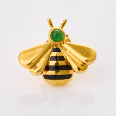 Cartier, 18ct Yellow Gold, Vintage, Emerald / Enamel Bee Pin with Box, circa 1995