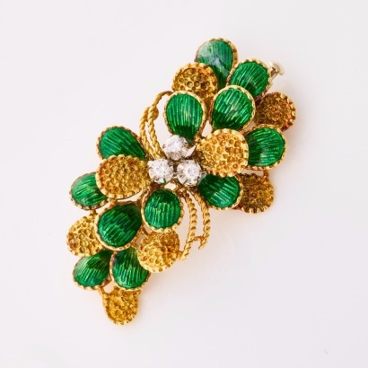 18ct Yellow / White Gold, .12ct Diamond / Green Enamel Botanical Brooch