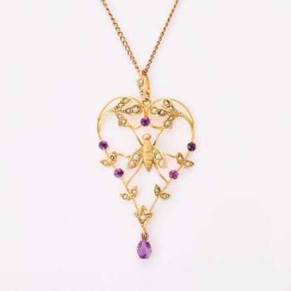 9ct Yellow Gold, Victorian Pendant with Seed Pearls / Amethyst on 45cm Rolled Gold Chain
