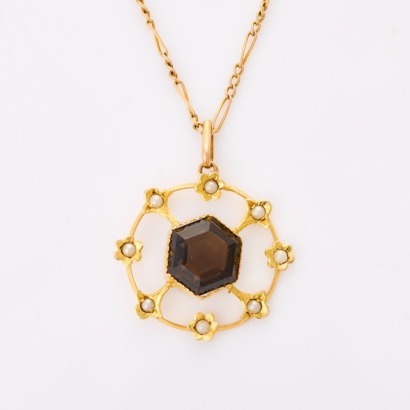 9ct Yellow Gold, Vintage, Smokey Quartz / Seed Pearl Pendant on 12ct Yellow Gold Chain