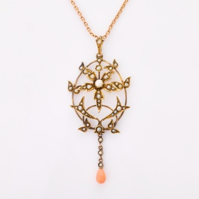 9ct Yellow Gold, Vintage, Coral / Seed Pearl Pendant on 45cm, 10ct Rose Gold Chain