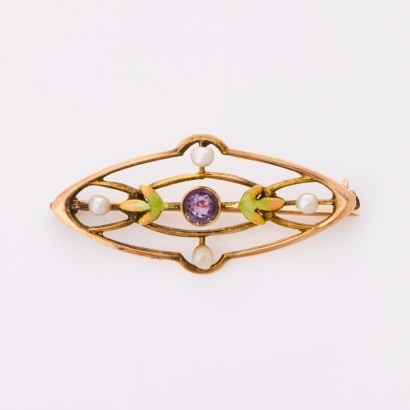 9ct Yellow Gold, Antique, Suffragette Brooch with Purple Glass / Enamel