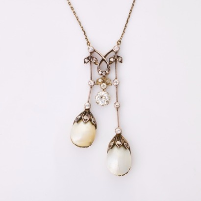 15ct Rose Gold / Silver, 1.80ct Diamond / 0.84ct Diamond / 0.20ct Diamond / Chicot Pearl Edwardian Necklace