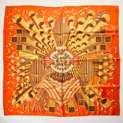 Herm&egrave;s, Orange 100% Silk Point d'Orgue Scarf by Pierre Marie