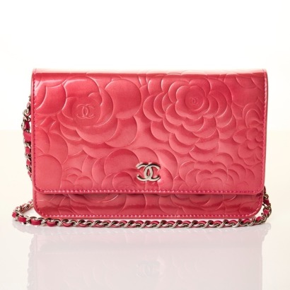 Chanel, Rose Patent Camellia Wallet on Chain with Box