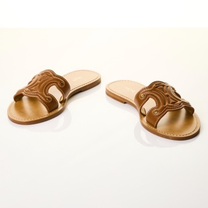 Celine, Tan Leather Triomphe Mules, Size 37