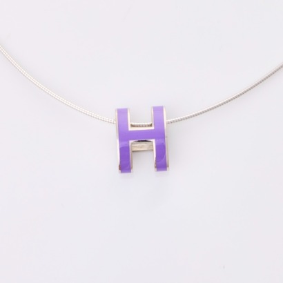 Herm&egrave;s, Pop H Purple Enamel Pendant on 42cm Silver Snake Chain