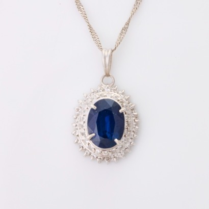 Platinum, 2.20ct Sapphire / 0.48ct Diamond Pendant on 40cm Singapore Twist Chain
