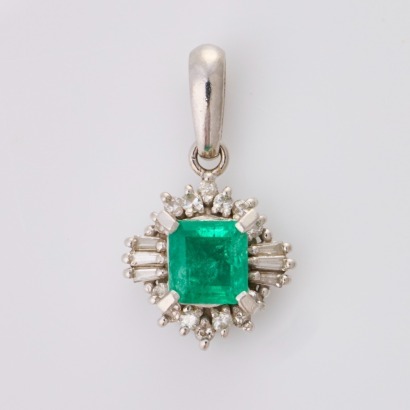 Platinum, .42ct Emerald / .16ct Diamond Cluster Pendant
