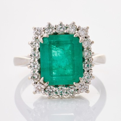 18ct White Gold, Modern, 3.75ct Emerald / .65ct Diamond Ring