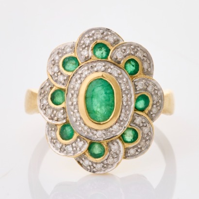 9ct Yellow Gold, Modern, Oval Emerald / .50ct Diamond Ring