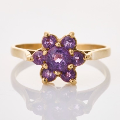 9ct Yellow Gold, Round Amethyst Cluster Ring