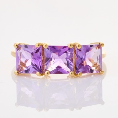10ct Yellow Gold, Modern, Square Cut Amethyst Three Stone Ring