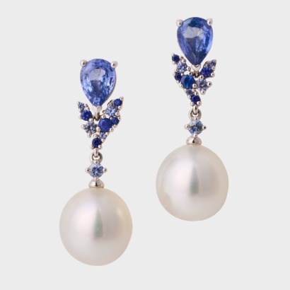 Autore, 18ct White Gold, 2.02ct Sapphire / South Sea Pearl Drop Earrings