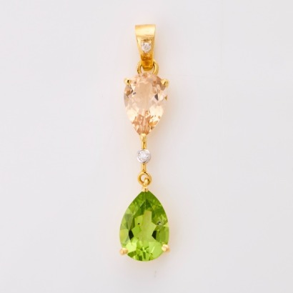 14ct Yellow Gold, Peridot / Morganite / 0.03ct Diamond Pendant