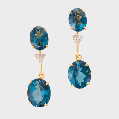 14ct Yellow Gold, London Blue Topaz / 0.15ct Diamond Drop Earrings