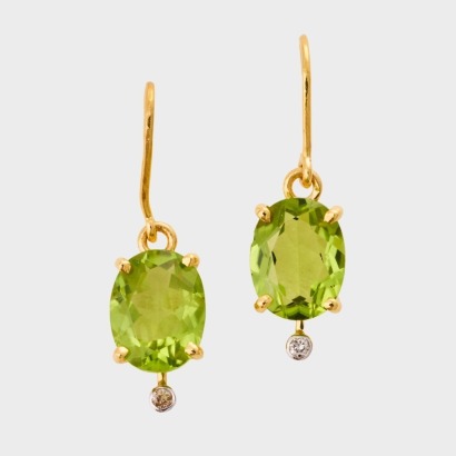 14ct Yellow Gold, Peridot / 0.03ct Diamond Drop Earrings