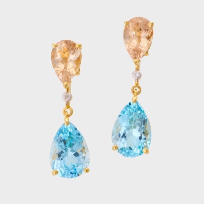 14ct Yellow Gold, Morganite / Blue Topaz / 0.03ct Diamond Drop Earrings