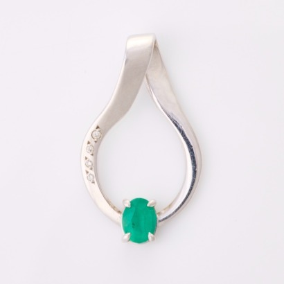Midas Jewellers. 9ct White Gold, Modern, 0.79ct Emerald / Diamond Pendant