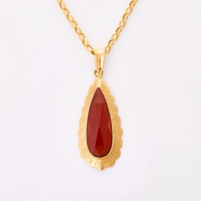 14ct Yellow Gold, Carnelian Pendant on 9ct Yellow Gold, 44cm Belcher Chain