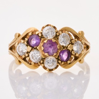 9ct Yellow Gold, Vintage, Round Amethyst / Clear Stone Ring