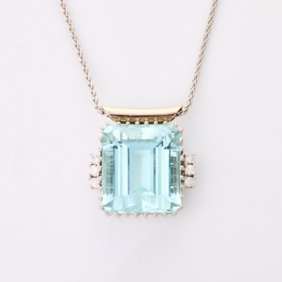 18ct White Gold, 30.00ct Rectangular Step Cut Aquamarine / .24ct Diamond Pendant on 45cm Spiga Chain