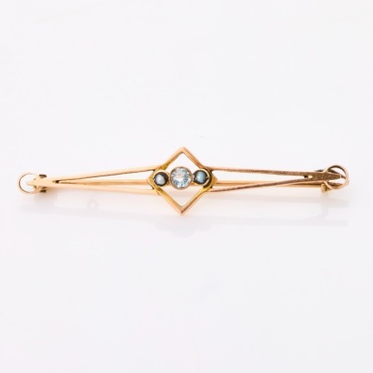 9ct Yellow Gold, Antique, Round Aquamarine / Seed Pearl Bar Brooch