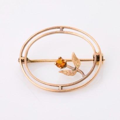 9ct Rose Gold, Oval Brooch with Small Citrine