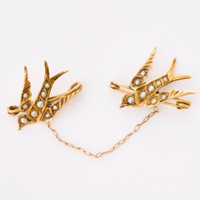 9ct Yellow Gold, Victorian, Twin Swallow / Seed Pearl Collar Brooch