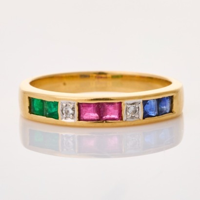 18ct Yellow Gold, 0.14ct Sapphire / 0.14ct Ruby / 0.14ct Emerald / 0.03ct Diamond Dress Ring