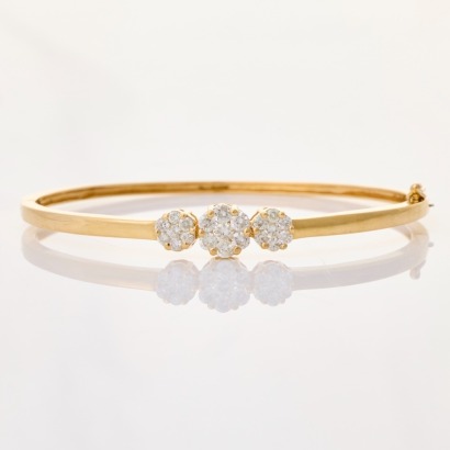 14ct Yellow Gold, .75ct Triple Cluster Diamond Set Oval Hollowed Bangle