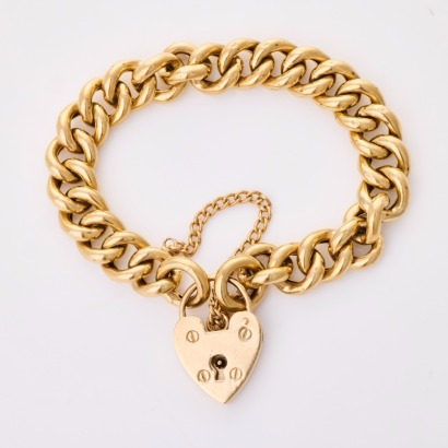 9ct Yellow Gold, 19cm Hollow Curb Link Bracelet with Flat Heart Padlock
