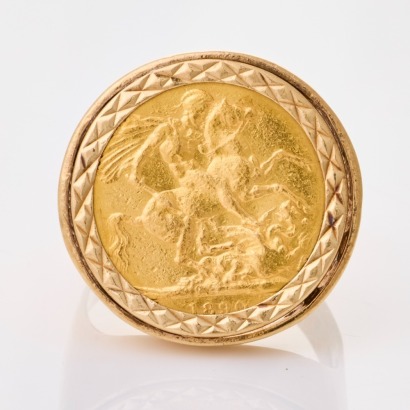 9ct Yellow Gold, Signet Ring, set with 22ct Yellow Gold, 1890 Full Sovereign Coin